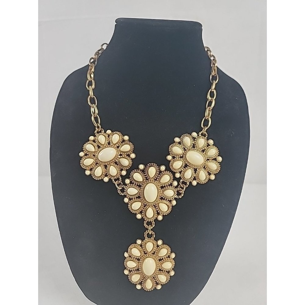 Lrg Vintage Statement Necklace Yellow Teardrop Bead Set N 4 Round Gold Tone Disc